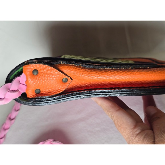 Handmade Leather Crossbody Bag Braided Strap Colorblock Pink Orange Green - Picture 15 of 16